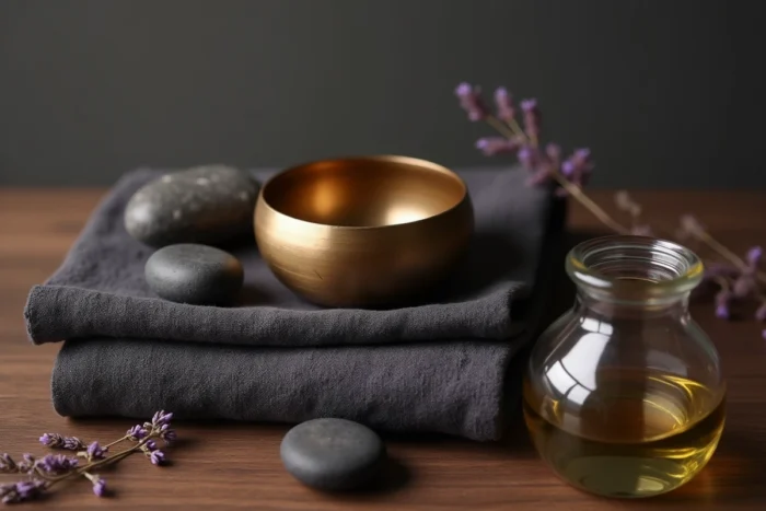 Arrangement de bien-être avec bol chantant en laiton, pierres de basalte et huile de massage sur bois sombre dans un studio parisien