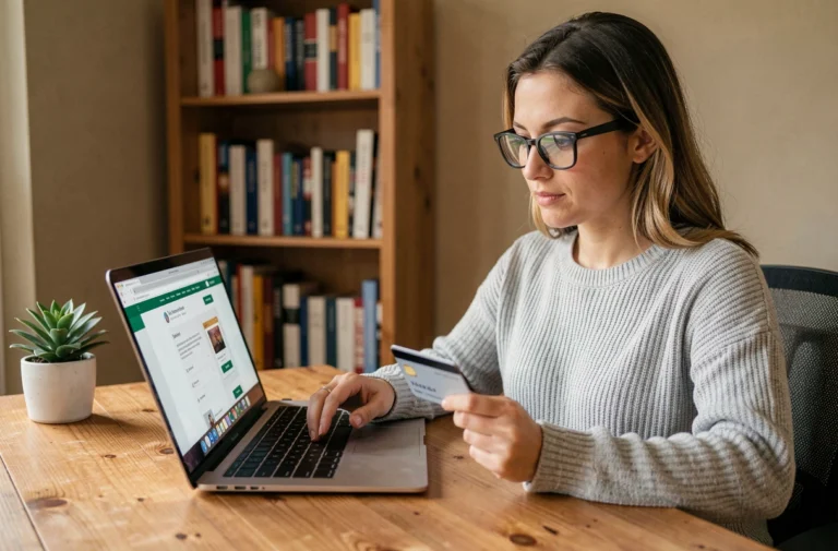 Femme achetant en ligne de manière sécurisée sur un ordinateur portable avec une carte bancaire, alternative sûre à Wifrad pour les achats en ligne