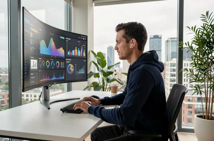 Homme travaillant sur un grand écran incurvé avec interface IA dans un bureau moderne connecté