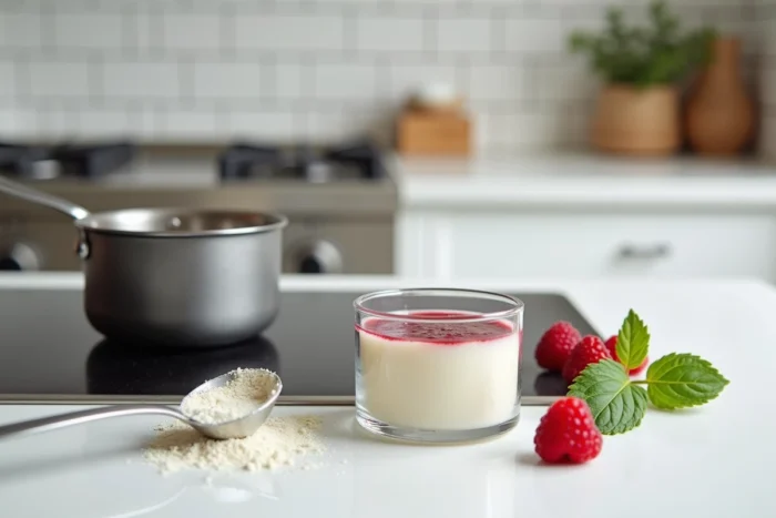 Panna cotta à l'agar-agar dans un ramequin en verre avec framboises fraîches et poudre d'agar-agar sur un comptoir de cuisine