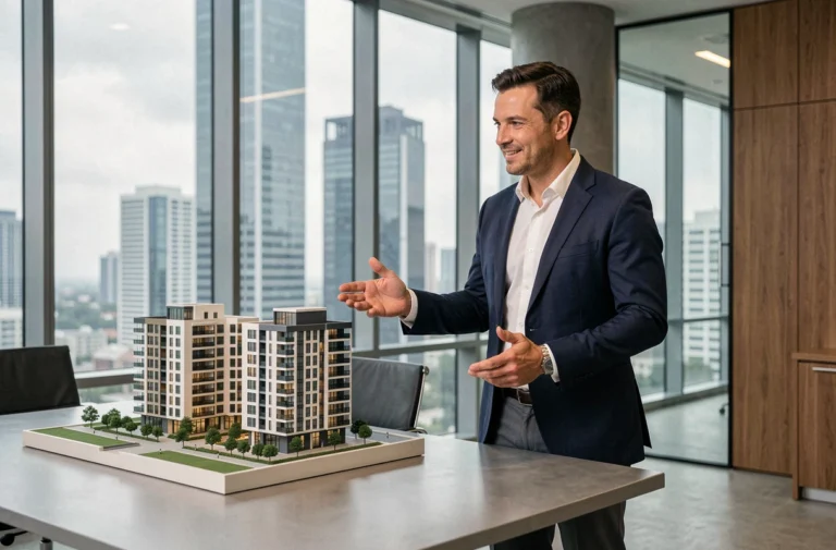 Agent spécialiste de l'immobilier neuf présentant une maquette architecturale de résidence moderne dans un bureau contemporain