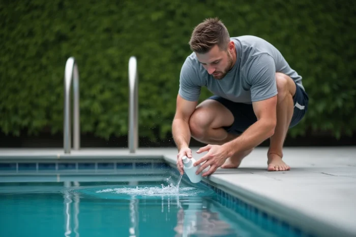 Homme versant un clarifiant liquide dans une piscine résidentielle au bord de l'eau