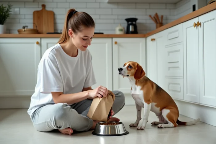 Jeune femme nourrissant son beagle dans une cuisine moderne, alimentation saine du chien au quotidien
