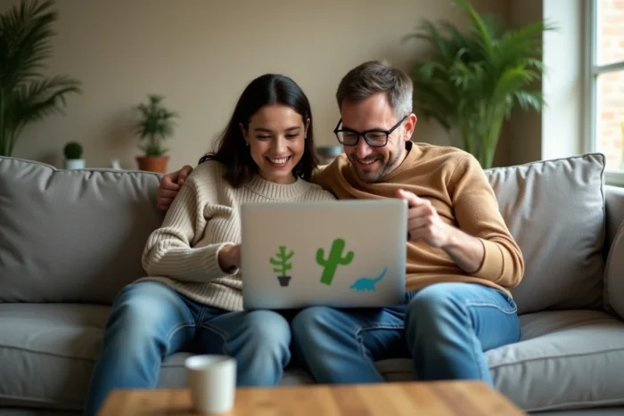 Deux amis jouant ensemble au jeu du dinosaure Google sur un ordinateur portable dans un salon