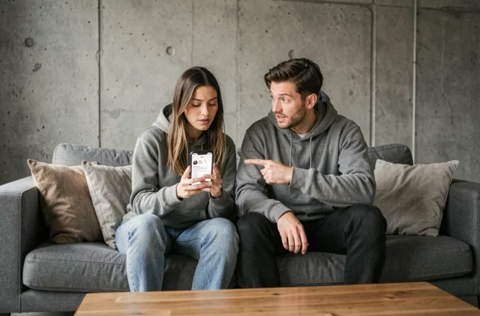 Deux amis consultant ensemble les réglages d'un compte Instagram privé sur un canapé dans un appartement moderne