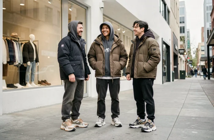 Groupe de jeunes amis en tenues streetwear tendance devant une boutique concept store urbaine