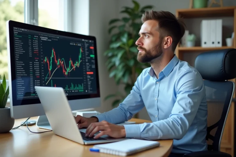 Homme analysant des graphiques boursiers sur un double écran dans un bureau à domicile moderne