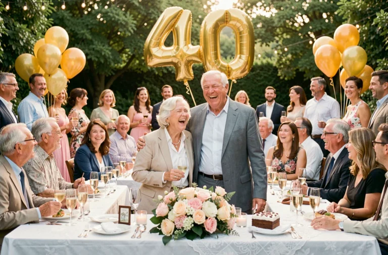 Un couple de sexagénaires riant entouré de leurs proches lors d'une fête de 40 ans de mariage dans un jardin décoré de ballons dorés