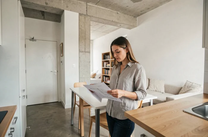 Femme examinant les plans d'un appartement T1 compact avec cuisine ouverte et espace nuit séparé par une bibliothèque
