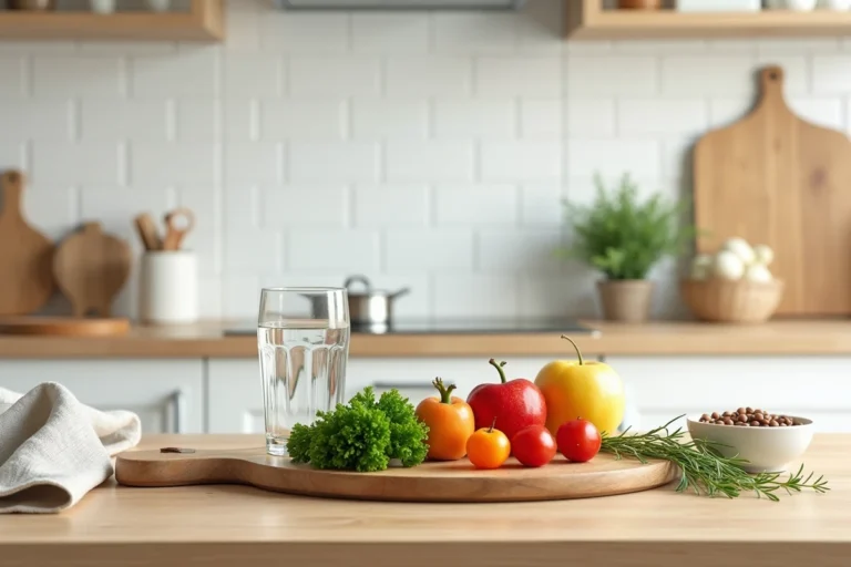 Vue d'ensemble d'un comptoir de cuisine sain avec légumes frais, verre d'eau, légumineuses et pomme pour illustrer des astuces naturelles pour couper l'appétit