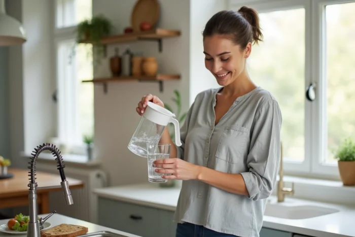 Femme versant et s'apprêtant à boire un grand verre d'eau avant un repas dans une cuisine moderne