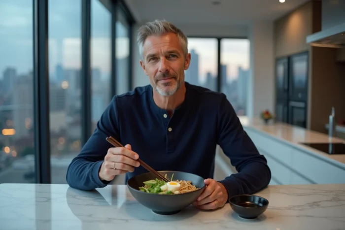 Homme mangeant un bol de nouilles soba équilibré avec edamame et oeuf mollet dans une cuisine minimaliste en soirée