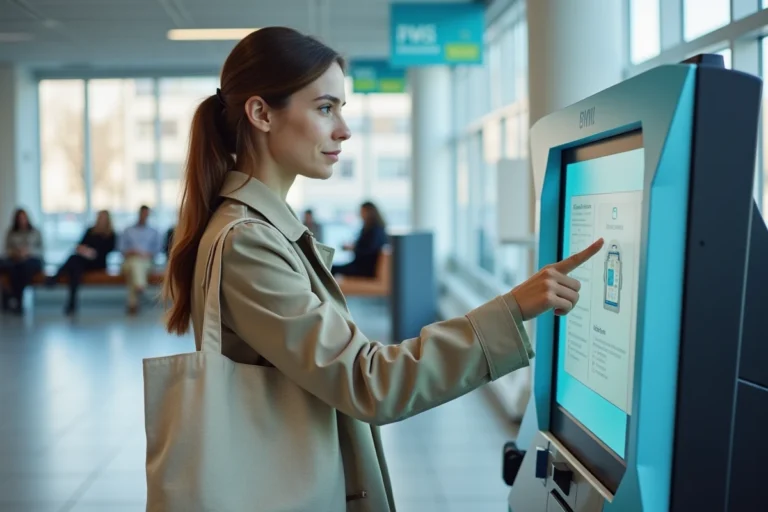 Une femme utilisant un borne self-service Keolis Orléans dans une agence de transport en commun