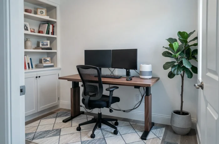 Bureau à domicile moderne avec bureau assis-debout en noyer, fauteuil ergonomique et double écran dans un intérieur organisé