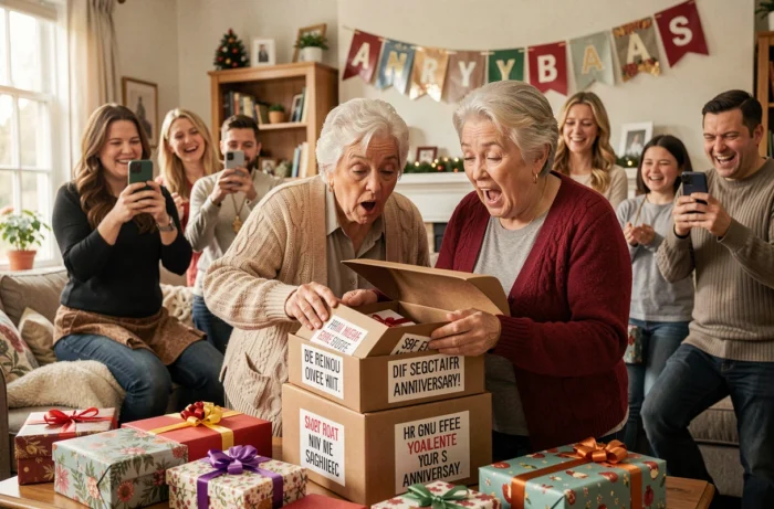 Un couple de seniors découvrant avec surprise et amusement un cadeau collectif à tiroirs lors de leur fête de 40 ans de mariage