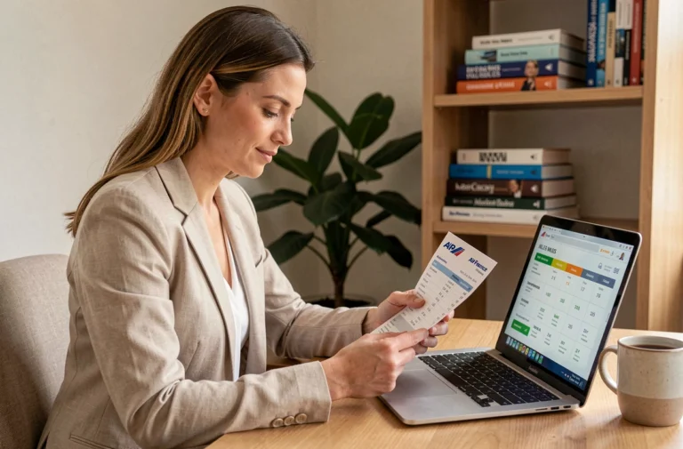 Femme calculant ses miles Air France sur un ordinateur portable à son bureau