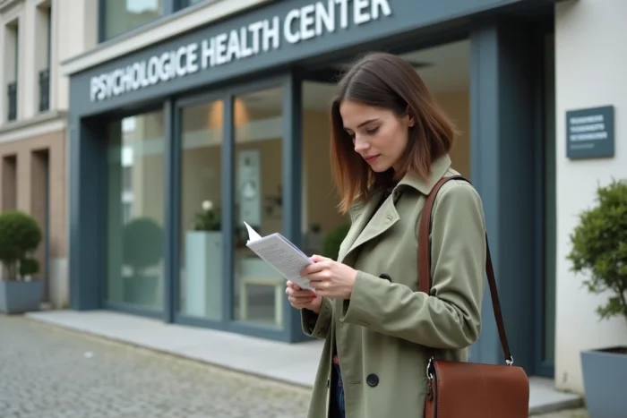 Jeune femme consultant un dépliant devant un centre de santé psychologique au Luxembourg