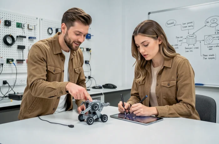 Dois pesquisadores colaborando em torno de um protótipo robótico em um laboratório universitário