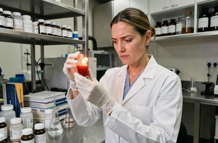 Chimiste en laboratoire analysant un échantillon de cire rouge pour formulation de cosmétique