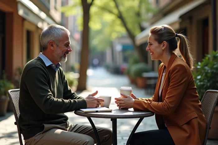 Séance de coaching en extérieur entre deux professionnels attablés en terrasse urbaine avec journal de bord