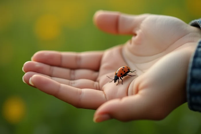 Une coccinelle asiatique posée sur la paume d'une main de femme en plein air, symbolisme spirituel et connexion avec la nature