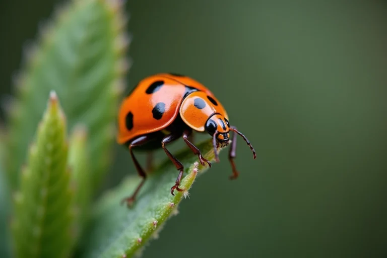 Coccinelle asiatique Harmonia axyridis aux points noirs sur une feuille de sauge verte, macro photographie naturaliste