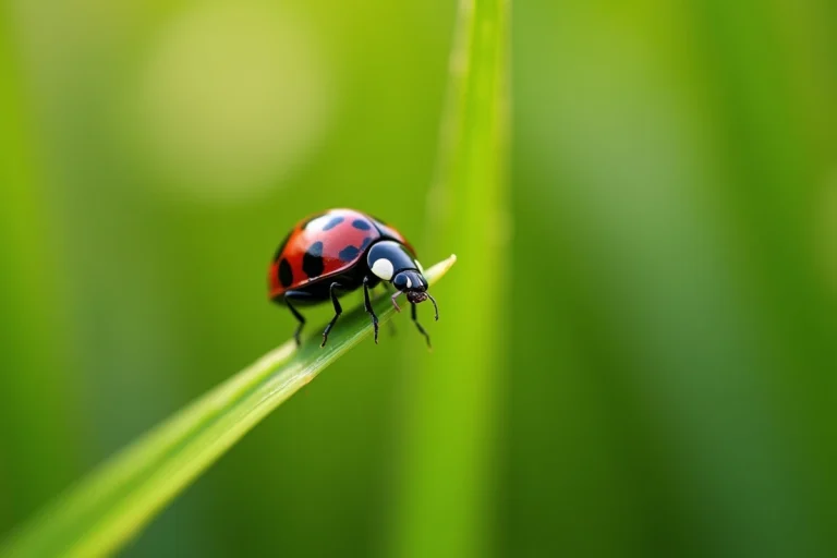 Coccinelle noire à points rouges posée sur une feuille verte dans un jardin, symbolisme spirituel et nature