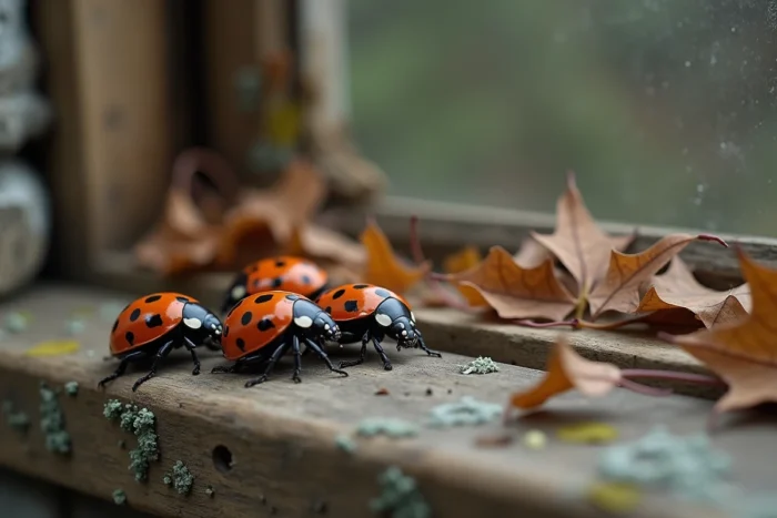 Trois coccinelles asiatiques regroupées sur un rebord de fenêtre en bois vieilli entouré de feuilles d'automne séchées