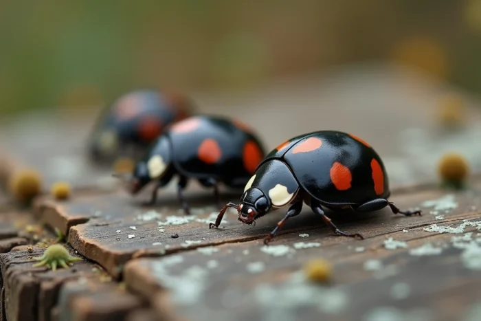 Trois coccinelles noires à points rouges sur une surface en bois ancienne, symbolisme spirituel et mysticisme