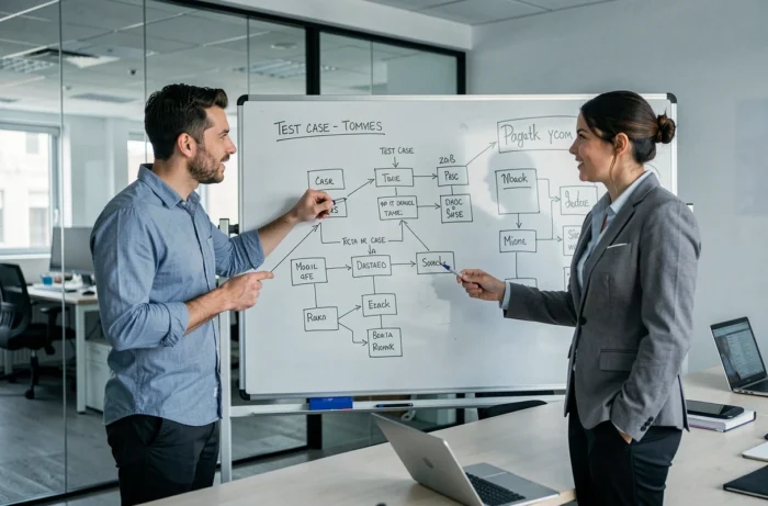 Zwei Entwickler, die vor einem Whiteboard mit Test- und Datenschemata in einem Besprechungsraum zusammenarbeiten