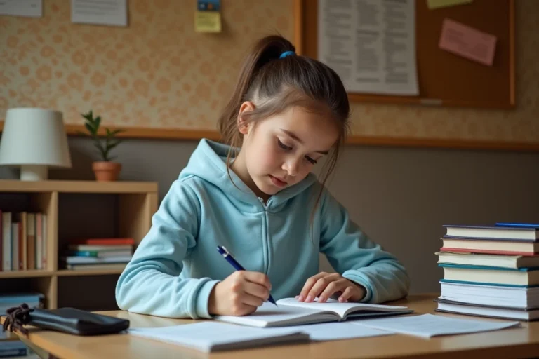 Collégienne de 5ème qui rédige un sujet de rédaction dans son cahier avec des corrigés PDF imprimés sur son bureau