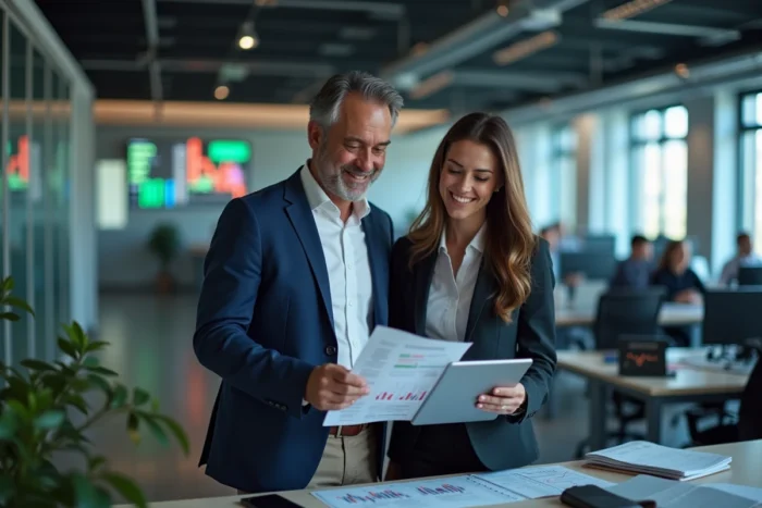 Deux collègues collaborant sur une analyse boursière dans un bureau financier moderne en open space