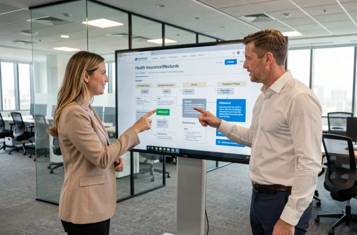 Deux collègues analysant ensemble le sitemap d'un site de mutuelle sur grand écran dans un bureau professionnel