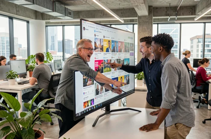 Groupe de collègues réagissant avec surprise à des tendances virales sur un écran de bureau en open space