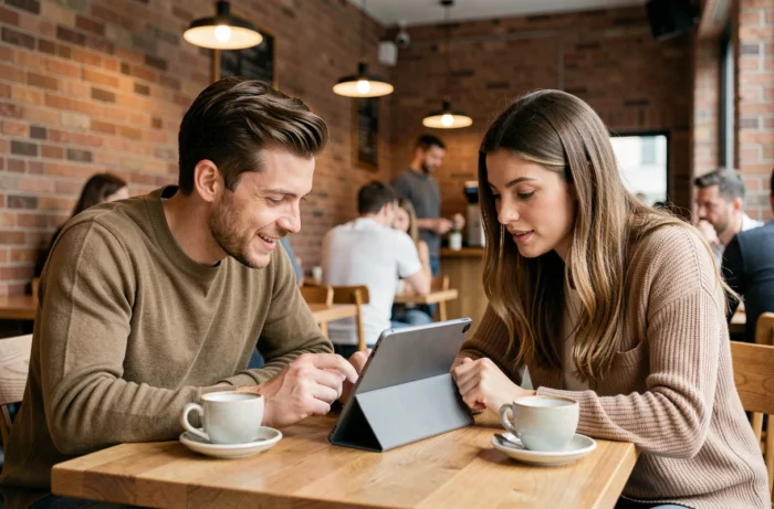 Deux personnes comparant des alternatives à Wifrad sur une tablette dans un café, pour des achats en ligne plus sécurisés en 2026