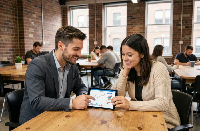 Deux collègues comparant des services bancaires en ligne sur une tablette dans un espace de coworking