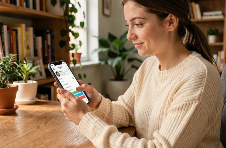 Jeune femme configurant les paramètres de confidentialité d'un compte Instagram privé sur son smartphone depuis un bureau à domicile