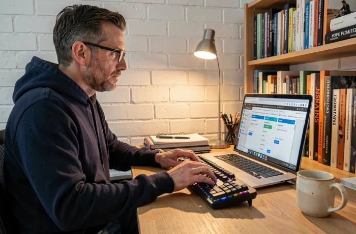 Consultant freelance en référencement SEO travaillant sur une recherche de mots-clés depuis son bureau à domicile