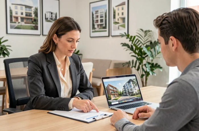 Consultante en immobilier neuf conseillant un client lors d'une réunion de présentation de projet résidentiel