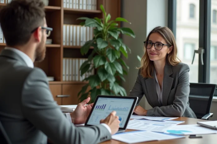 Femme consultant un conseiller financier sur l'imposition de son épargne salariale lors d'une réunion professionnelle