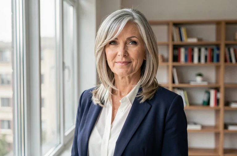 Femme de 60 ans avec une coupe mi-longue dégradée et frange, cheveux gris argenté élégants, tenue marine raffinée dans un intérieur moderne