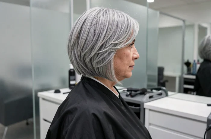 Vue de profil d'une femme de 60 ans en salon de coiffure montrant la forme d'une coupe mi-longue dégradée avec frange, cheveux gris naturels structurés