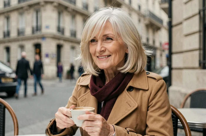 Femme élégante de 65 ans avec coupe mi-longue dégradée et frange légère, assise en terrasse de café parisien, style chic automnal