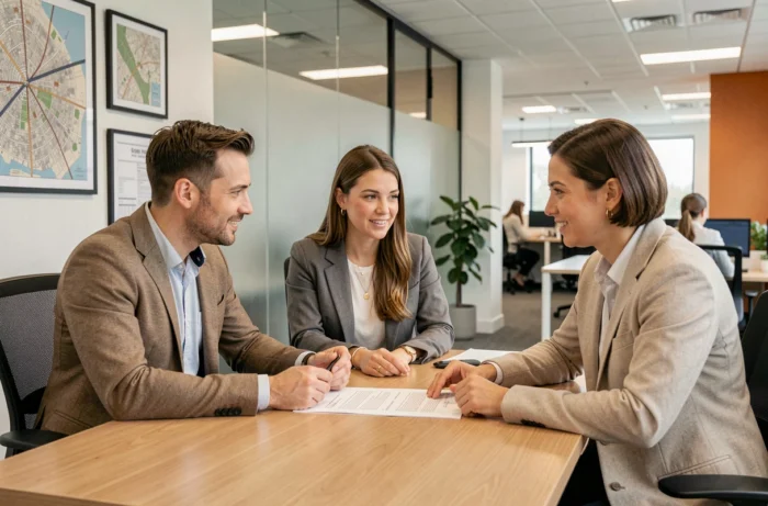 Couple en rendez-vous avec un agent immobilier pour louer un appartement