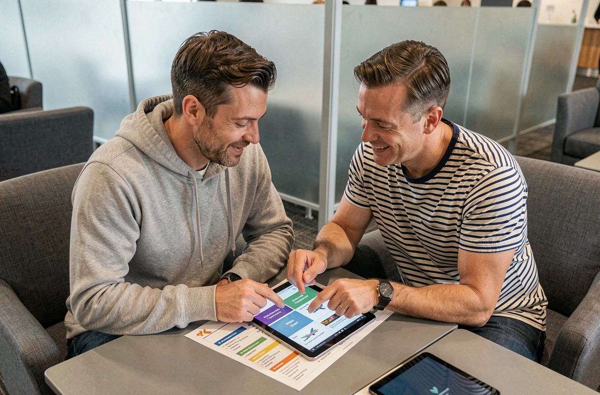 Couple étudiant un tableau de calcul de miles Air France dans un salon d'aéroport