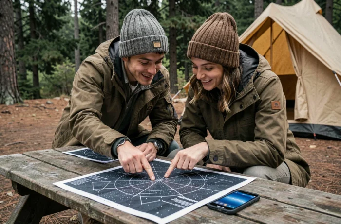 Couple de voyageurs étudiant une carte des étoiles lors d'un séjour camping astronomique en forêt