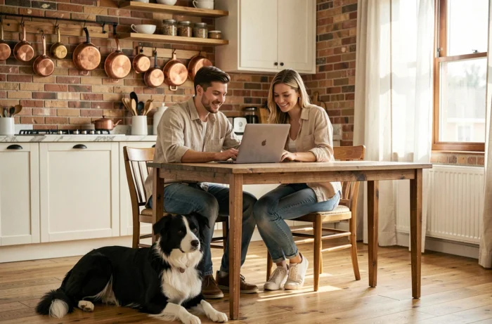 Couple recherchant une assurance santé pour leur chien border collie sur un ordinateur portable dans une cuisine moderne
