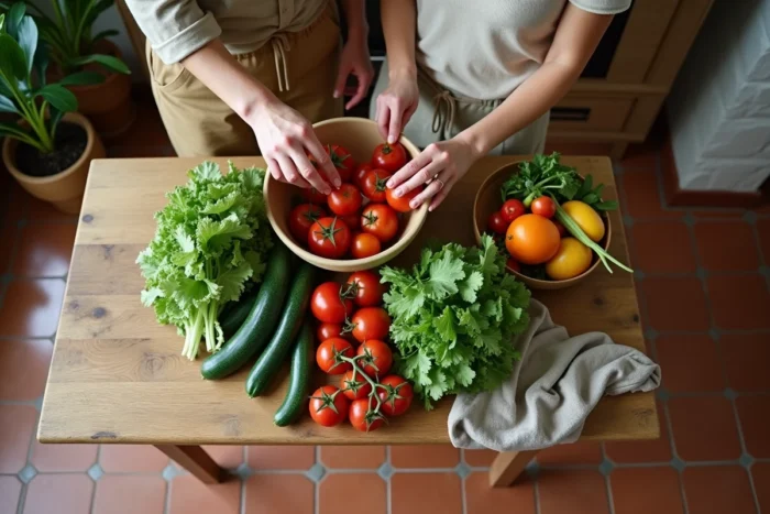 Couple disposant des légumes bio et locaux sur une table en bois dans une cuisine rustique