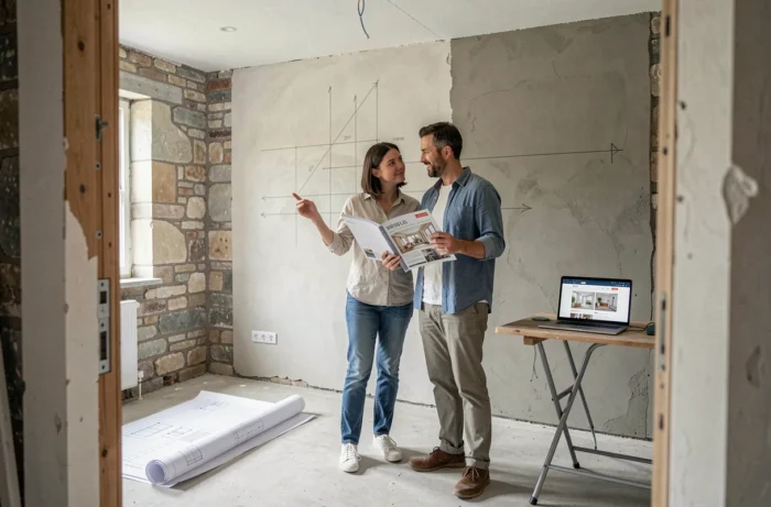 Couple planifiant la rénovation de leur maison avec un magazine de décoration et un ordinateur portable dans une pièce vide