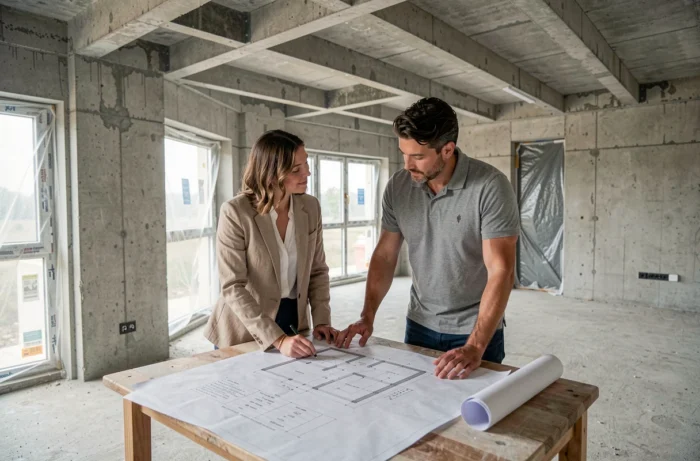 Couple examinant des plans architecturaux dans un appartement neuf en cours de construction
